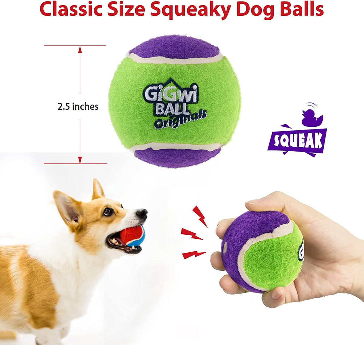 Squeaky Dog Tennis Balls, 3 Pack Elastic Interactive Toy for Dogs